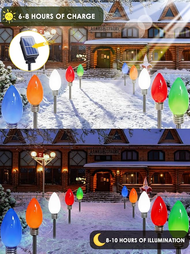 10 Pack Jumbo C9 Solar Christmas Lights, Large Bulbs Waterproof Outdoor Christmas Decorations, Solar Powered Lights | Lumora