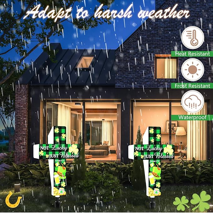 St. Patrick's Day Solar Stake Lights Outdoor Memorial Garden Stake Cross for Grave Cemetery Buffalo Plaid Rustic Farmhouse Shamrock Garden Decor Solar Cross for Patio Pathway Decoration