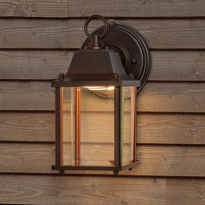 Maxxima LED Porch Lantern Outdoor Wall Light - Aged Bronze with Clear Glass, 3000K Warm White, 650 Lumens, Dusk to Dawn Photocell Light Sensor, Patio or Porch Sconce Fixture, Exterior Lighting - Brown