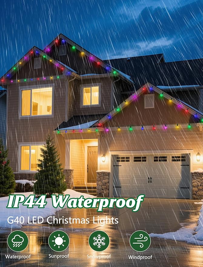 SUNSGNE 25FT LED Colored Christmas Lights with 25 G40 LED Shatterproof Frosted Multicolor Globe Bulbs, Waterproof | Lumora