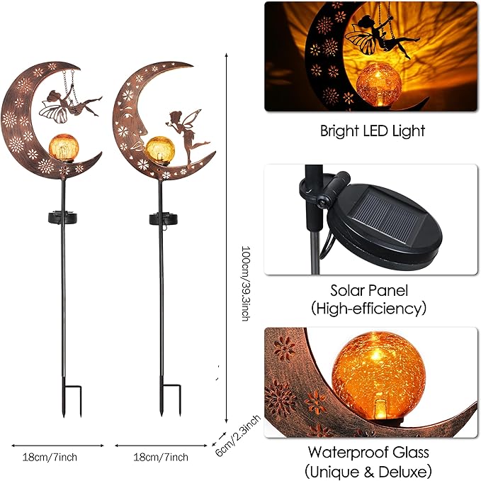 TERESA'S COLLECTIONS 2 Pcs Fairy Moon Garden Accessories for Yard Decorations Outdoor, Solar Lights for Garden Decor Outside, 40" Metal Yard Stake Pathway Lights for Patio, Gift for Christmas