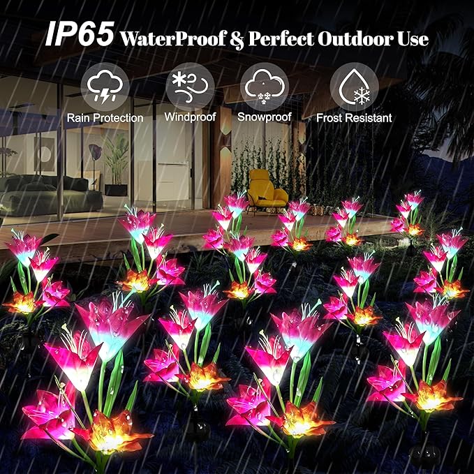 Solar Powered Lily Flower Lights Outdoor, Waterproof Color Changing Garden Lights with Large Solar Panel, 2 Pack for Patio, Yard, Pathway Decoration