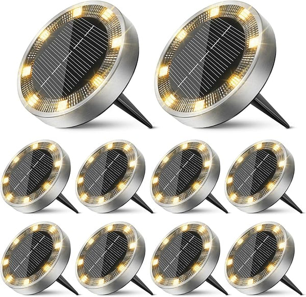 10 Pack Solar Ground Lights Outdoor, 8 LED Mini Flat Solar Disk Lights, IP65 Waterproof Anti-Rust Disc Light | Lumora