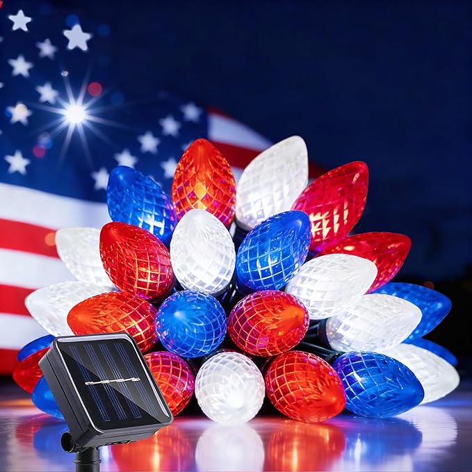 4th of July Decorations C7 Bulb Solar String Lights Outdoor Waterproof 50 LED Red White Blue Solar Lights for Independence Day President Memorial Day Christmas Party Patriotic Decorations