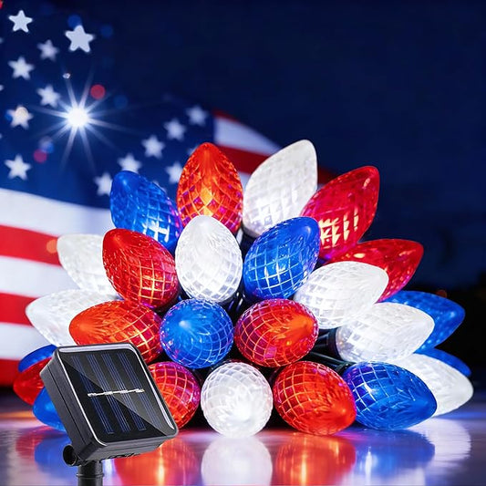 4th of July Decorations C7 Bulb Solar String Lights Outdoor Waterproof 50 LED Red White Blue Solar Lights for Independence Day President Memorial Day Christmas Party Patriotic Decorations