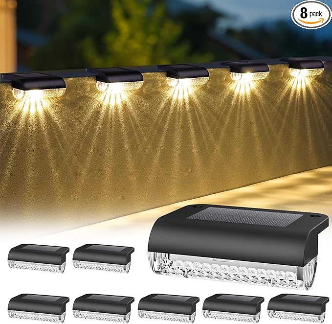 8 Pack Solar Deck Lights Outdoor, Solar Step Lights Waterproof Led Lights,3000K Warm White, Auto Dusk-to-Dawn, Low | Lumora