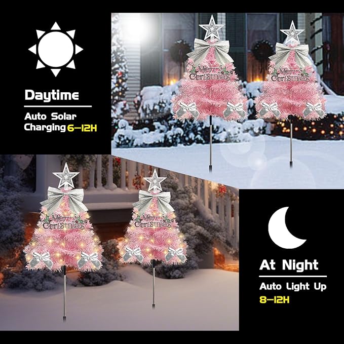 4 Pack Christmas Tree Solar Pathway Lights Outdoor Decorations, Waterproof Artificial Mini Xmas Tree Stake Lights with DIY Ornamets for Garden Yard Porch Decor (Pink Tree)