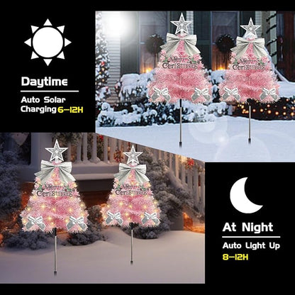 4 Pack Christmas Tree Solar Pathway Lights Outdoor Decorations, Waterproof Artificial Mini Xmas Tree Stake Lights with DIY Ornamets for Garden Yard Porch Decor (Pink Tree)