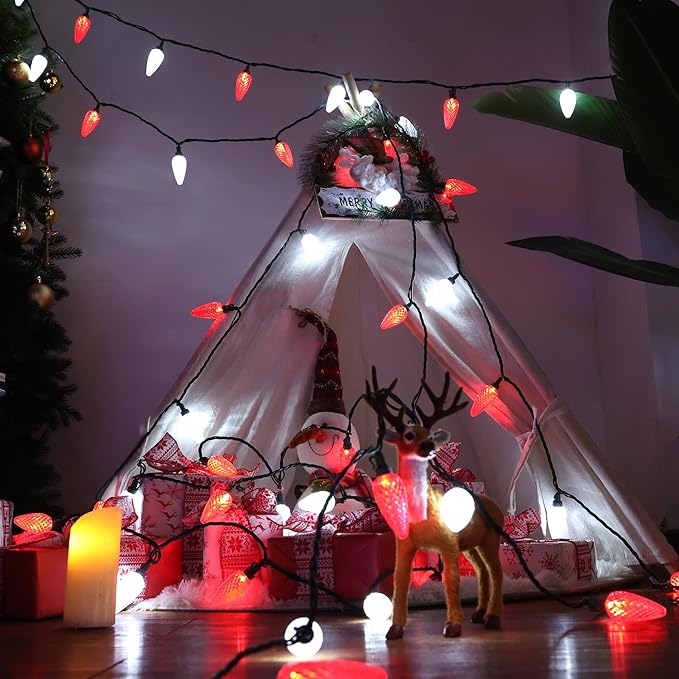 Brizled Red & White Christmas Lights, 33ft 50 LED Faceted C9 String Lights Outdoor, Linkable Christmas Tree Light, UL Certified Indoor Xmas Light Waterproof for House Roof Xmas Valentine's Day Party