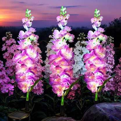 GIGALUMI Solar Lights Outdoor for Garden Decor, 3 Pack Solar Flower Lights Waterproof, 2 Lighting Modes Delphinium for Pathway,Yard, Patio Decoration, Gardening Gifts for Women (Purple)
