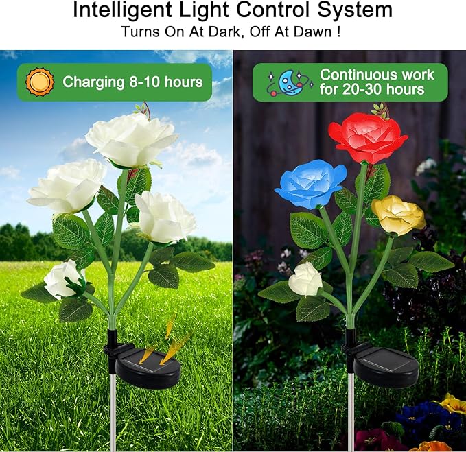 Solar Lights Outdoor for Garden Decor Waterproof - 2 Pack with 8 Rose Lights Decorative 7 Color Changing for Valentines Day Yard Patio Pathway Decoration