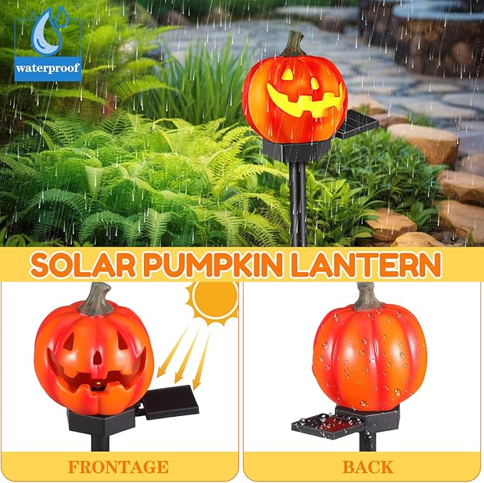 Halloween Solar Pumpkin Garden Stake Light Outdoor Solar Pathway Lamp Resin Yard Decor for Halloween Outdoor Garden Lighting
