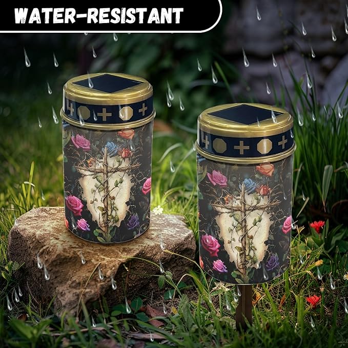 Cemetery Solar Lights for Grave,Cross-Watercolor Floral Solar Garden Stake Lights for Yard Patio Black Outdoor Solar Pathway Lights Waterproof Flameless Warm White LED Solar-Lantern