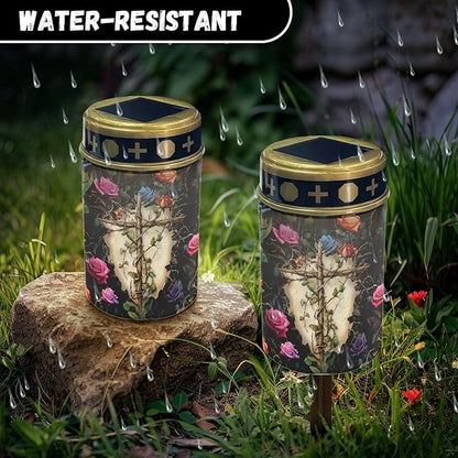 Cemetery Solar Lights for Grave,Cross-Watercolor Floral Solar Garden Stake Lights for Yard Patio Black Outdoor Solar Pathway Lights Waterproof Flameless Warm White LED Solar-Lantern