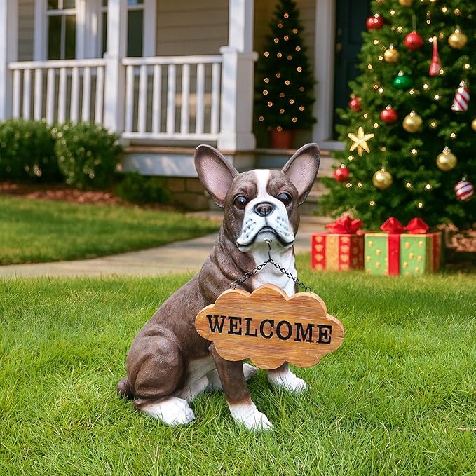 Outdoor Boston Terrier Dog Statue with Interchangeable Welcome Sign and Detachable Solar Lantern –LED Light Garden Dog Sculpture Décor, Cute Puppy Design for Yard, Porch, Gift