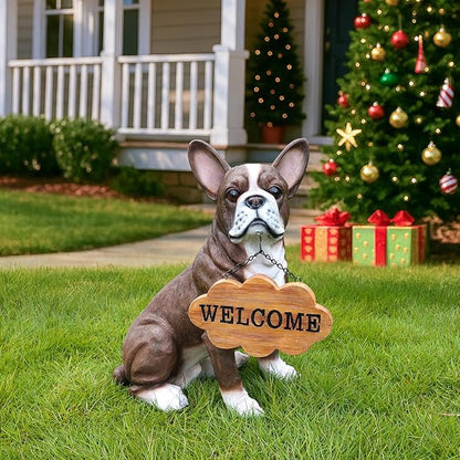 Outdoor Boston Terrier Dog Statue with Interchangeable Welcome Sign and Detachable Solar Lantern –LED Light Garden Dog Sculpture Décor, Cute Puppy Design for Yard, Porch, Gift