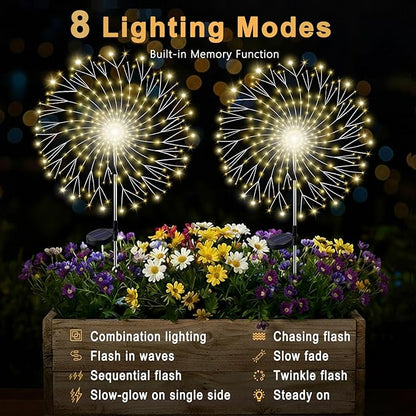210LED Solar Firework Lights, 4Pack Outdoor Solar Garden Lights Decorative with 8 Modes, Waterproof Fairy Starburst Light for Outside Yard, Pathway, Party, Garden Decor, Warm White