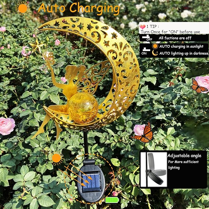 Solar Angel & Fairy Moon Waterproof Lights, Outdoor Garden Statues Decor, Outside Metal Yard Art Ornaments for Patio Lawn, Unique Gardening Gifts for Women Mom Grandma