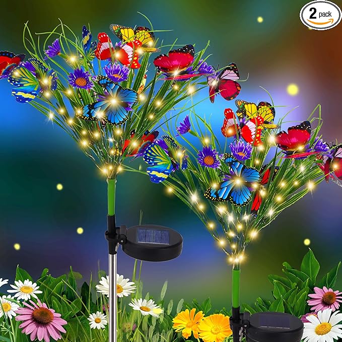 Solar Garden Lights, 2 Pack 84LED 14 Butterfly 28 Daisy Flower Solar Powered Lights IP65 Waterproof Stake Lights Outdoor Landscape Lights for Yard Patio Lawn Gift for Women (Purple-1)