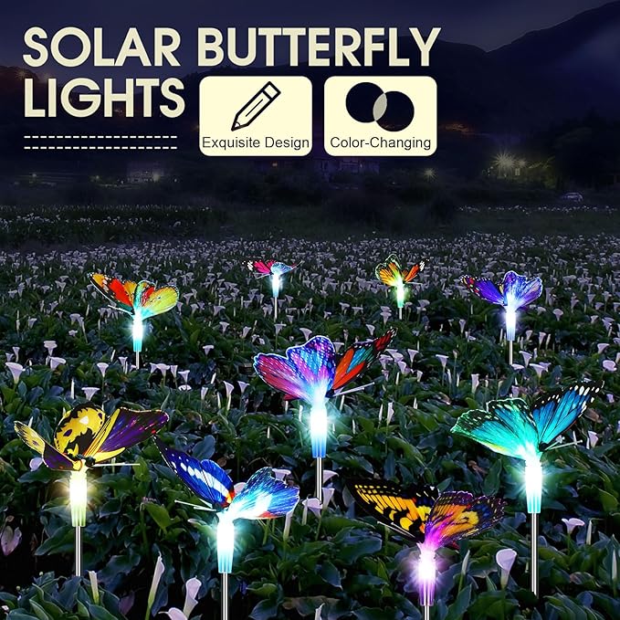 Retisee 9 Pcs Solar Butterfly Garden Stake Lights LED Solar Butterfly Lights Waterproof Color Changing Outdoor Lights Decoration for Garden Patio Yard Lawn Pathway, 5 x 28 Inch