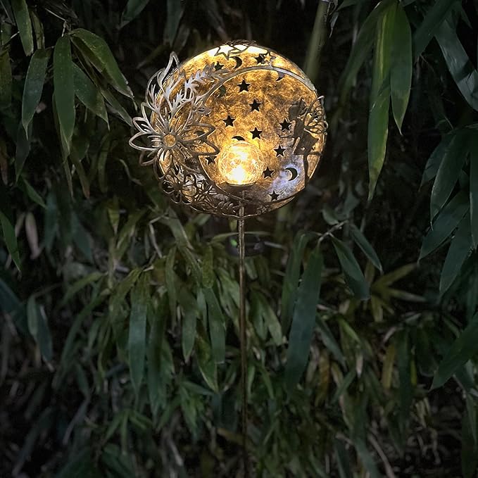 Fairy Solar Light Outdoor Decoration Garden Hollow Carving Sun Flowers Crackle Glass Ball Metal Stake for Pathway Patio Lawn Yard Mother Gift (Floral Fairy), Antique Brass