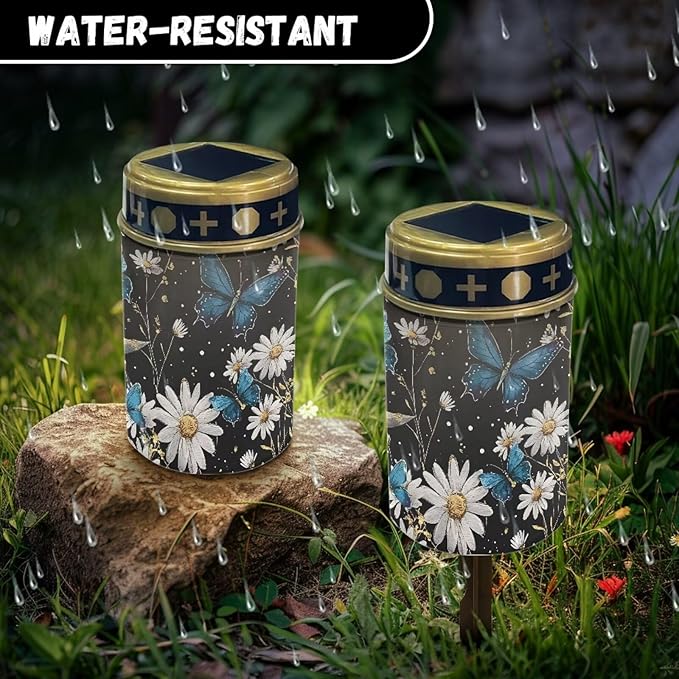 HUGS IDEA Blue Butterfly Angel Garden Ornaments Daisy Solar-Powered Grave Lights Waterproof Memorial Lanterns for Cemeteries, Patios Lumiere Solaire Pour Tombeau