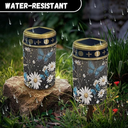 HUGS IDEA Blue Butterfly Angel Garden Ornaments Daisy Solar-Powered Grave Lights Waterproof Memorial Lanterns for Cemeteries, Patios Lumiere Solaire Pour Tombeau