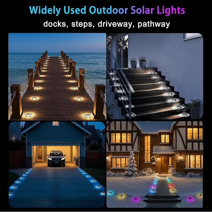 Sumaote Solar Driveway Lights Outdoor, 9 Color Modes LED RGB Dock Deck Lights IP67 Waterproof, Color Changing Security Markers for Garden Yard Pathway Step Ground, 4 Pack