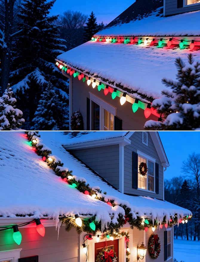 25Ft Red White and Green Christmas Lights,C7 Incandescent Christmas Lights with 27 White Red and Green Light Bulbs, Hanging Outdoor String Light for Tree Patio Wedding Party Decoration