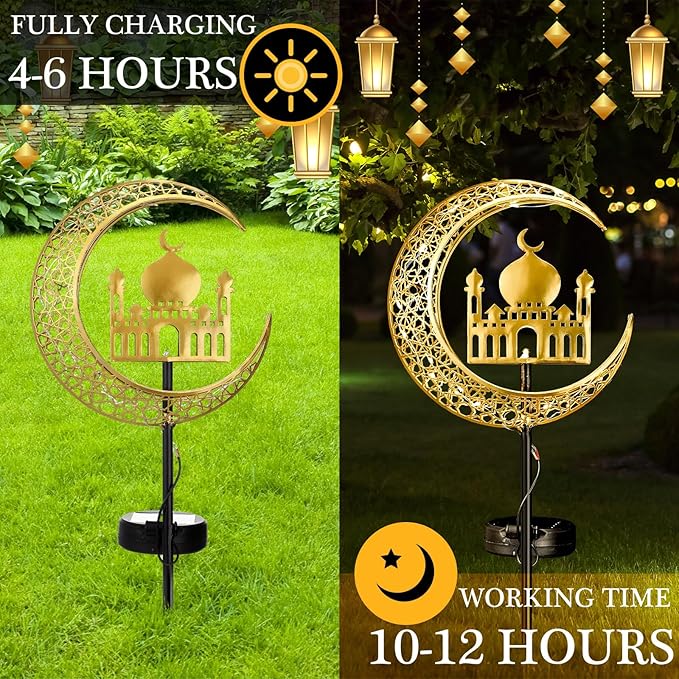 2 Pcs Ramadan Solar Lights Ramadan Decorations Outdoor Mubarak Star Moon Solar Stakes Lights Waterproof for Eid Decorations Outdoor Garden Walkway Lawn Patio Yard(Muslim)