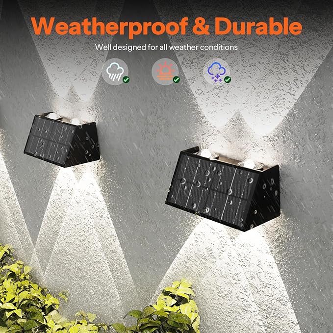 8-Pack Solar Fence Lights, Up & Down Lighting, 50LM/25LM 4 Modes (3000K/6500K), IP65 Waterproof, 1200mAh Battery | Lumora