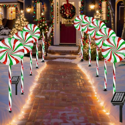 Christmas Solar Lollipop Pathway Lights 5 Pack Outdoor Candy Cane Stake Light with Bow Waterproof Walkway Xmas Outsides Garden Yard Lighting Landscape Decorative Decoration