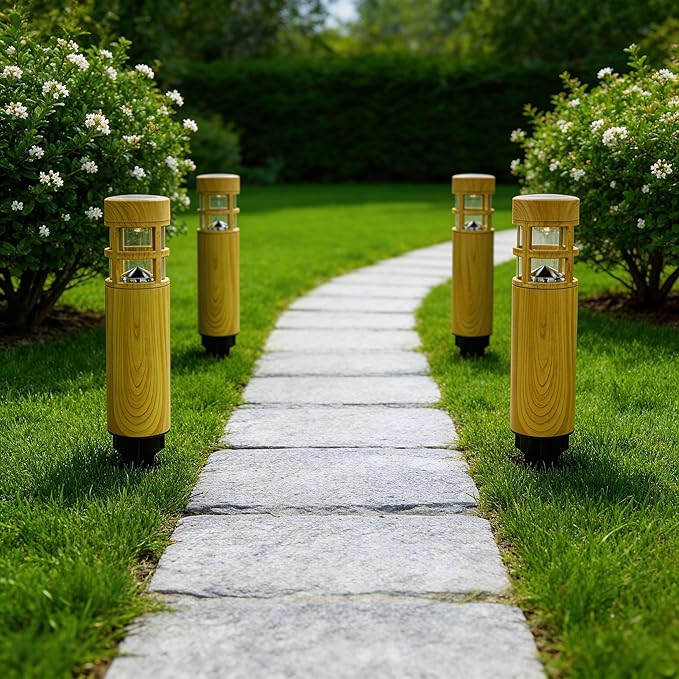 Solar Lights Outdoor 4 Pack, Wood-Grain Color Style, Warm Yellow Light, Waterproof Auto On/Off, Solar Pathway | Lumora