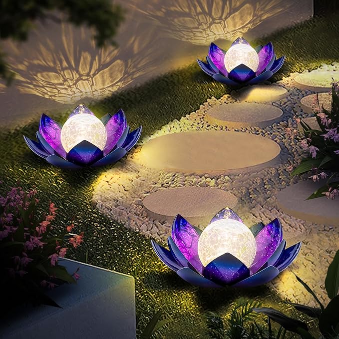 Huaxu Solar Lights for Outdoor Decor, Purple Lotus Flower Light, Waterproof LED Crackle Globe Glass Lamp for | Lumora