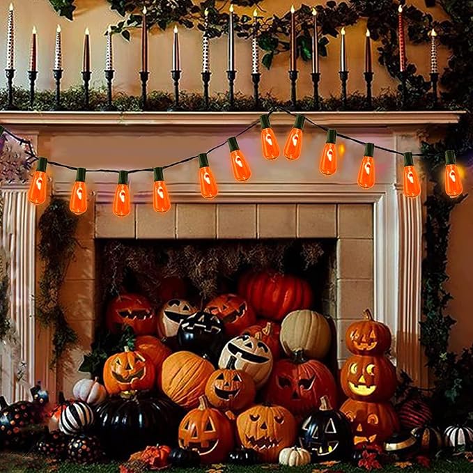 Halloween Flicker Flame String Lights Outdoor, 10Ft Halloween Decorations Lights with 10 ST40 Edison Orange Flame Bulbs, Outdoor Orange Lights for Patio Party, Black Wire