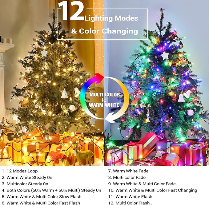 Brizled Color Changing Christmas Lights, 33ft 100 LED Christmas Lights Connectable, 12 Modes Warm White & Multicolored Xmas Light with Remote, Dimmable Xmas Tree Light for Indoor Outdoor Decor