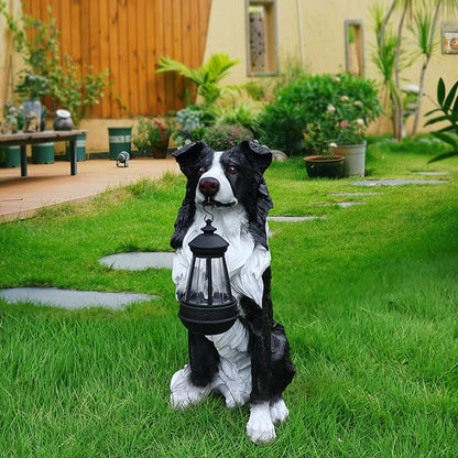 Outdoor Border Collie Dog Statue with Interchangeable Welcome Sign and Detachable Solar Lantern –LED Light Garden Dog Sculpture Décor, Cute Puppy Design for Yard, Porch, Gift