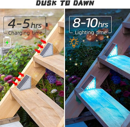 NIORSUN Solar Step Lights,8 Pack RGB Solid Color Changing Solar Stair Lights Outdoor Waterproof IP67 Auto On Off,Solar Lights for Steps,Stair,Patio,Yard,Porch,Front Door,Deck Decor