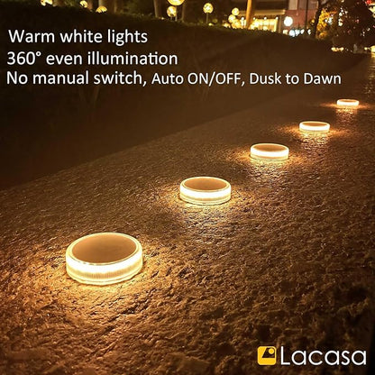 Lacasa 4-Pack Solar Deck Lights Outdoor Waterproof LED, Garden Step Lights Solar Powered Driveway Dock Lights Marine, Dusk to Dawn Lighting for Yard Patio Pathway, Round, Warm White