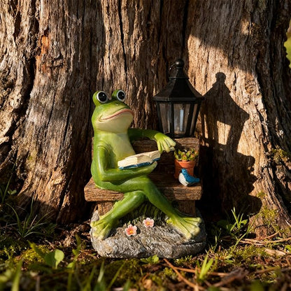 Reading Frog Solar Garden Statue with Lantern Light - Outdoor Decorative Resin Sculpture, Weather-Resistant LED Solar Figurine, for Yard, Patio, Garden Path, Porch Ambience Lighting Decor
