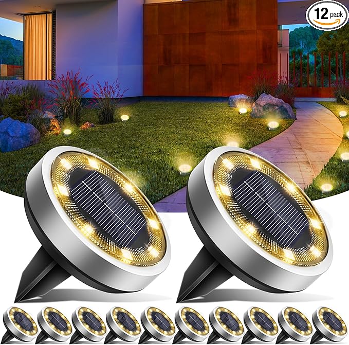 Solar Ground Lights,12 Pack Flat Solar Lights Outdoor Waterproof, Bright LED Solar Disc Lights, 3000K Warm White Landscape Lighting for Outside Yard Garden Pathway Driveway Lawn