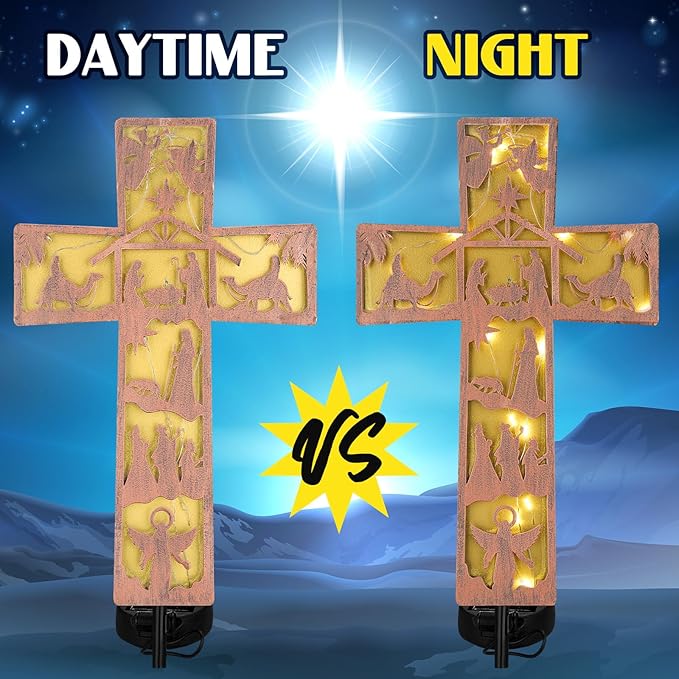 Tuanse 11 Inches Christmas Nativity Scene Outdoor Bronze Cross Decorations Metal Solar Lighted Cross Nativity Scene Garden Stake Retro Solar Outdoor Religious Sign for Christmas Outside Patio