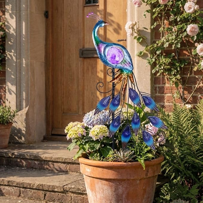 TERESA'S COLLECTIONS Solar Garden Lights Outdoor Garden Decor, Metal Peacock Decorations for Yard, 33'' Purple | Lumora
