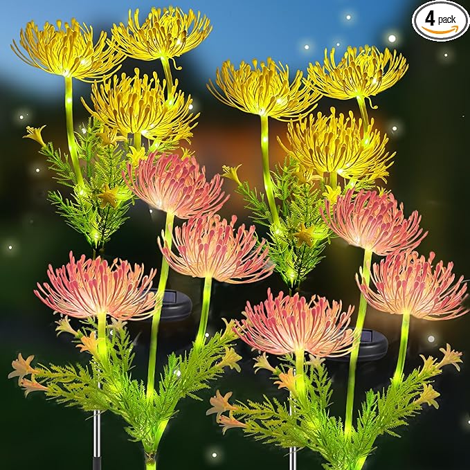 Neporal Solar Flowers Outdoor Waterproof,Romantic Warm Light with 2 Lighting Modes, Solar Outdoor Lights Decorative for Garden, Yard, Backyard Decor 4-Pack Yellow & Pink Combo