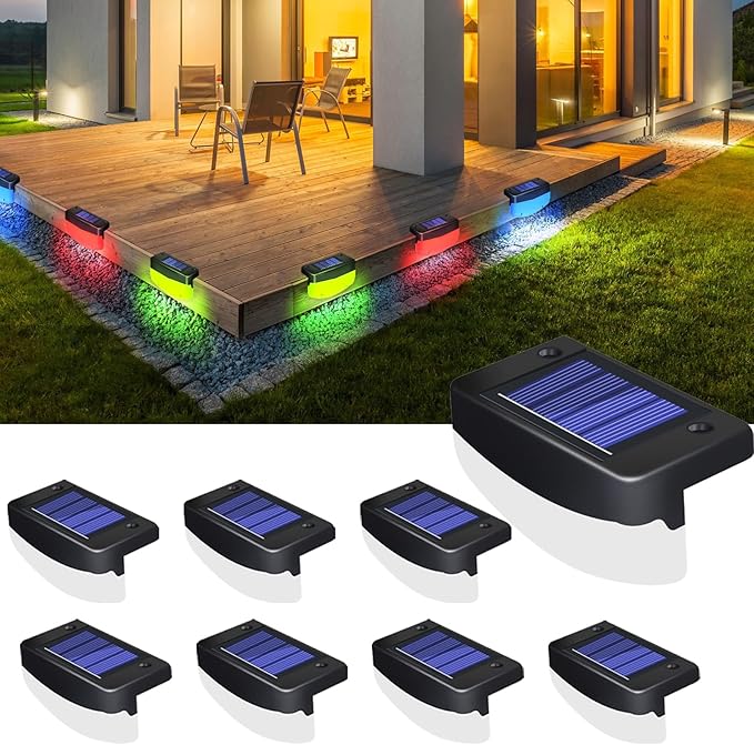 RGB Color Changing Solar Pool Side Lights, Outdoor Solar Deck Lights, Solar Step Lights IP65 Waterproof for Outdoor Stairs, Fence Yard Driveway Pathway, 8 Pack
