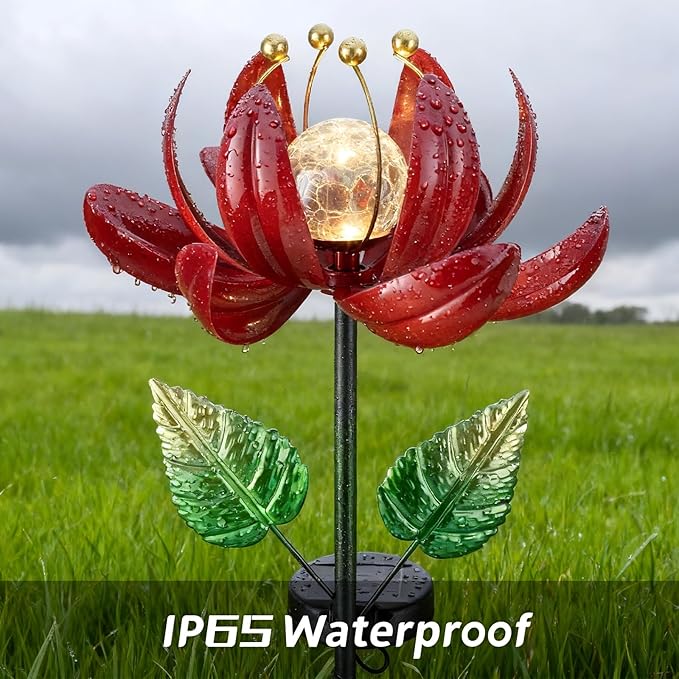 Solar Lights Outdoor Garden Decor, Solar Wind Spinner Yard Decorations Gifts for Outside, Lotus Windmill Pathway with LED Cracked Crystal Ball Waterproof Flower Sculpture for Patio Lawn