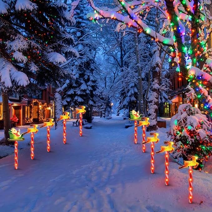 LAMPHOME Christmas Pathway Lights Outdoor, 5PCS Santa Sleigh Markers Christmas Decorations Outdoor Yard, Pathway Marker Stake Lights for Patio Ground Path Sidewalk Walkway Driveway