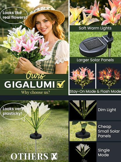 GIGALUMI Solar Garden Lights, LED Lily Garden Decor Carefree Solar Flowers Outdoor Waterproof, Yard Decorations Outdoor, Allergy-Free, Everlasting Light up Flowers for Yard Patio Garden (Set of 3)