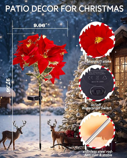 Solar Christmas Flower Lights-IP65 Waterproof XS Pathway Lights,Outdoor Christmas Decorations with 7 Bouquets/1 Stake,Unique Flower Design Complement the Christmas Trees for Garden/Yard/Patio,4 Packs