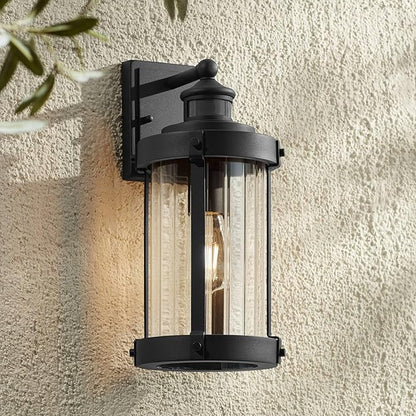 John Timberland Stan Modern Industrial Outdoor Wall Light Fixture Textured Black Metal 15" Clear Ribbed Glass for Exterior House Porch Patio Outside Deck Garage Yard Front Door Garden Home